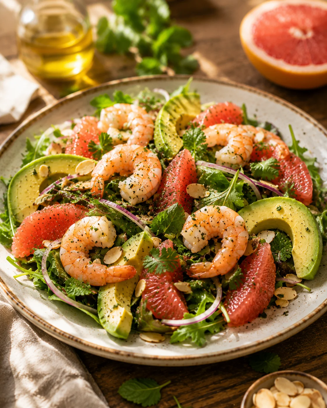 avocado shrimp grapefruit salad served on a white plate