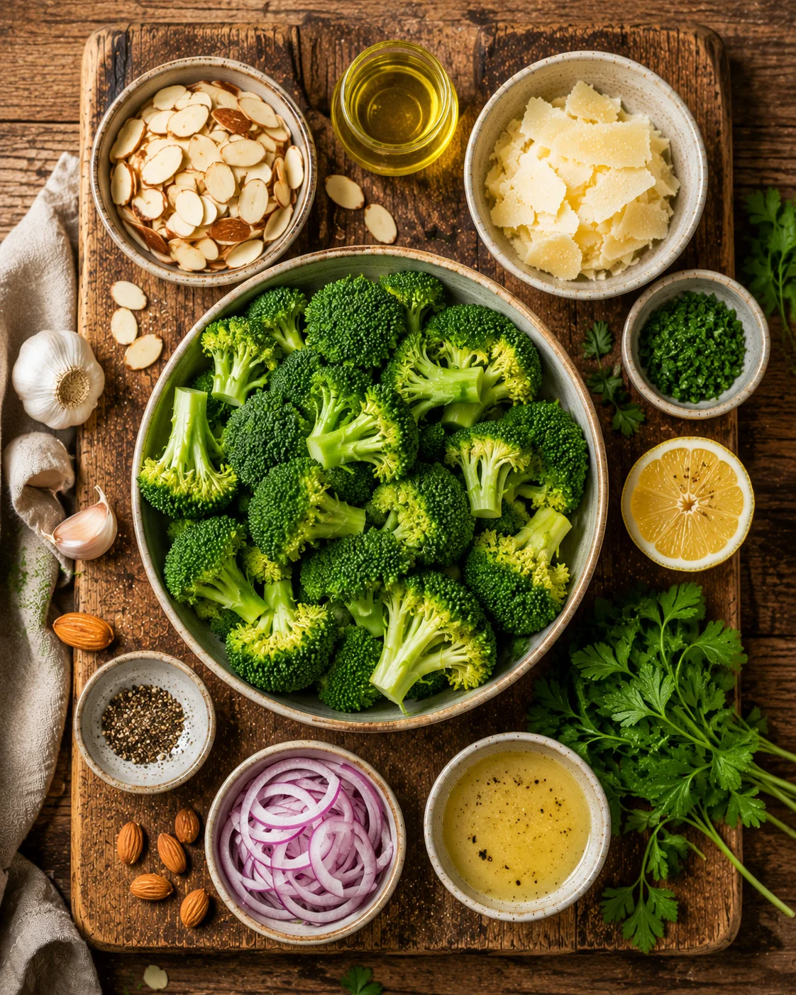 crunchy broccoli almond parmesan salad ingredients laid out on a wooden board