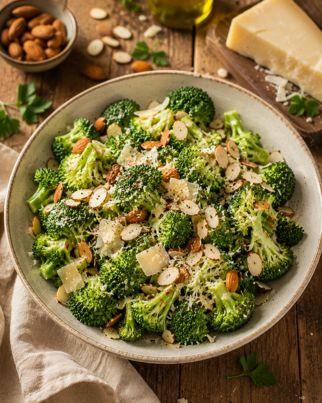 crunchy broccoli almond parmesan salad served in a wide bowl with parmesan shavings