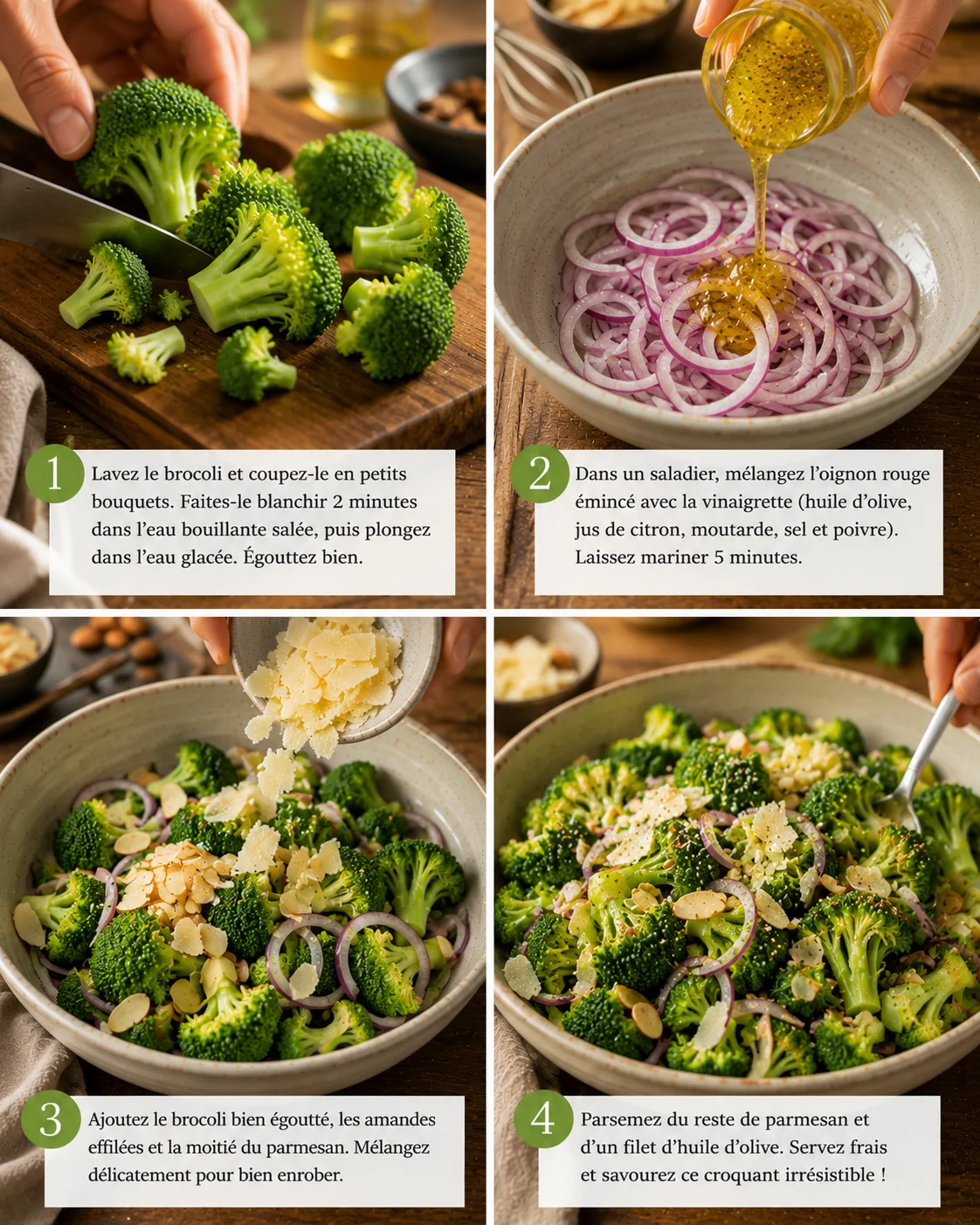 crunchy broccoli almond parmesan salad step by step preparation