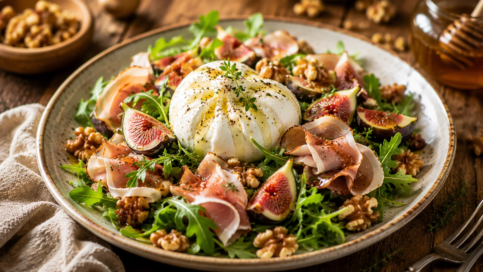 Salade Burrata Figues Jambon de Dinde Fumé & Noix recipe