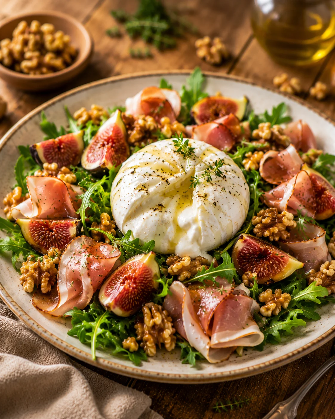 Salade Burrata Figues Jambon de Dinde Fumé & Noix served