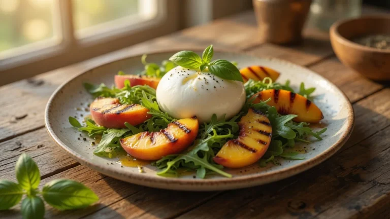Salade Burrata Pêches Grillées & Basilic recipe