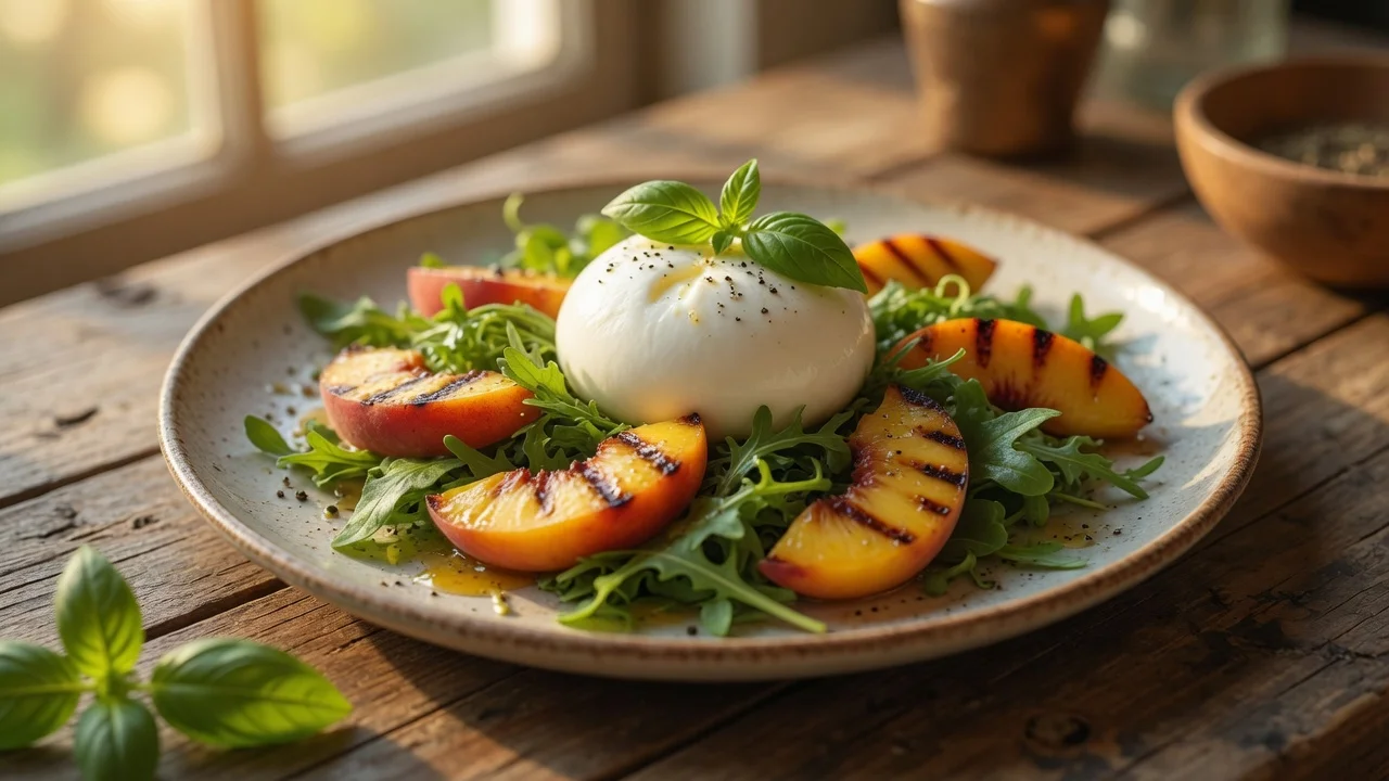 Salade Burrata Pêches Grillées & Basilic recipe