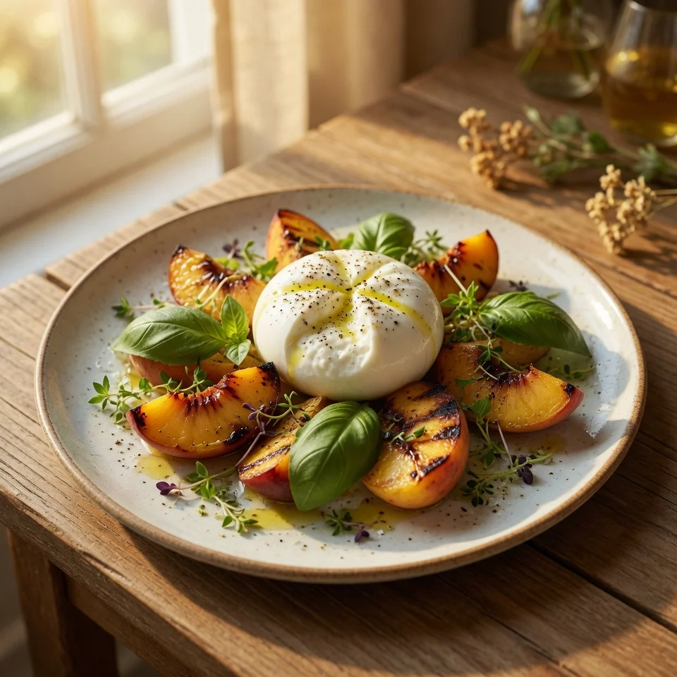 Salade Burrata P&ecirc;ches Grill&eacute;es & Basilic served