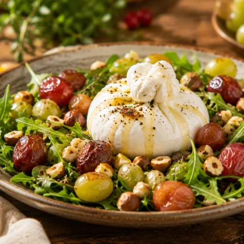 Salade Burrata Raisins R&ocirc;tis & Noisettes recipe