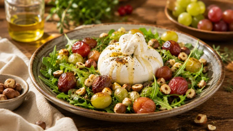 Salade Burrata Raisins Rôtis & Noisettes recipe