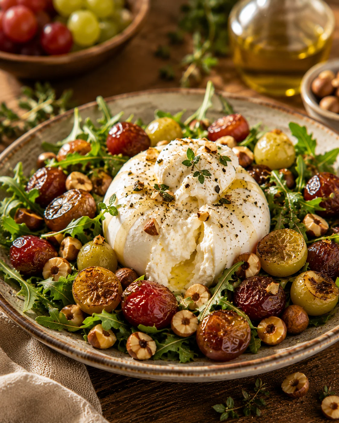 Salade Burrata Raisins R&ocirc;tis & Noisettes served
