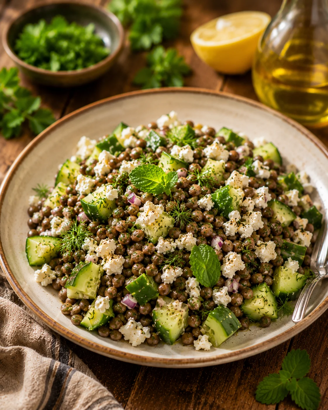 Salade Lentilles Concombre & Feta served