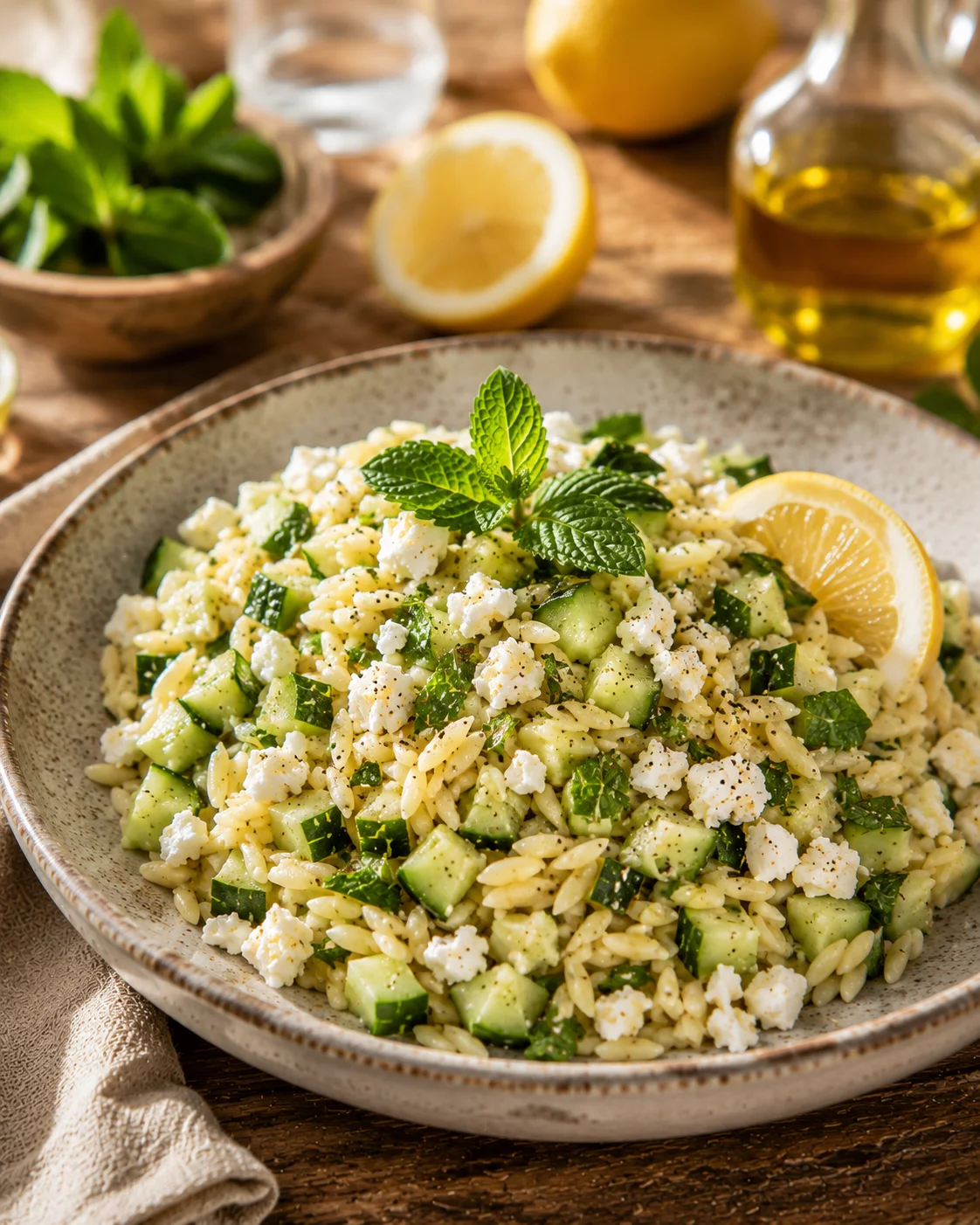 Salade Orzo Concombre Feta & Menthe served