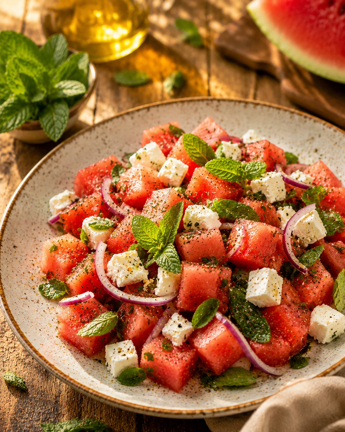 watermelon feta mint salad served
