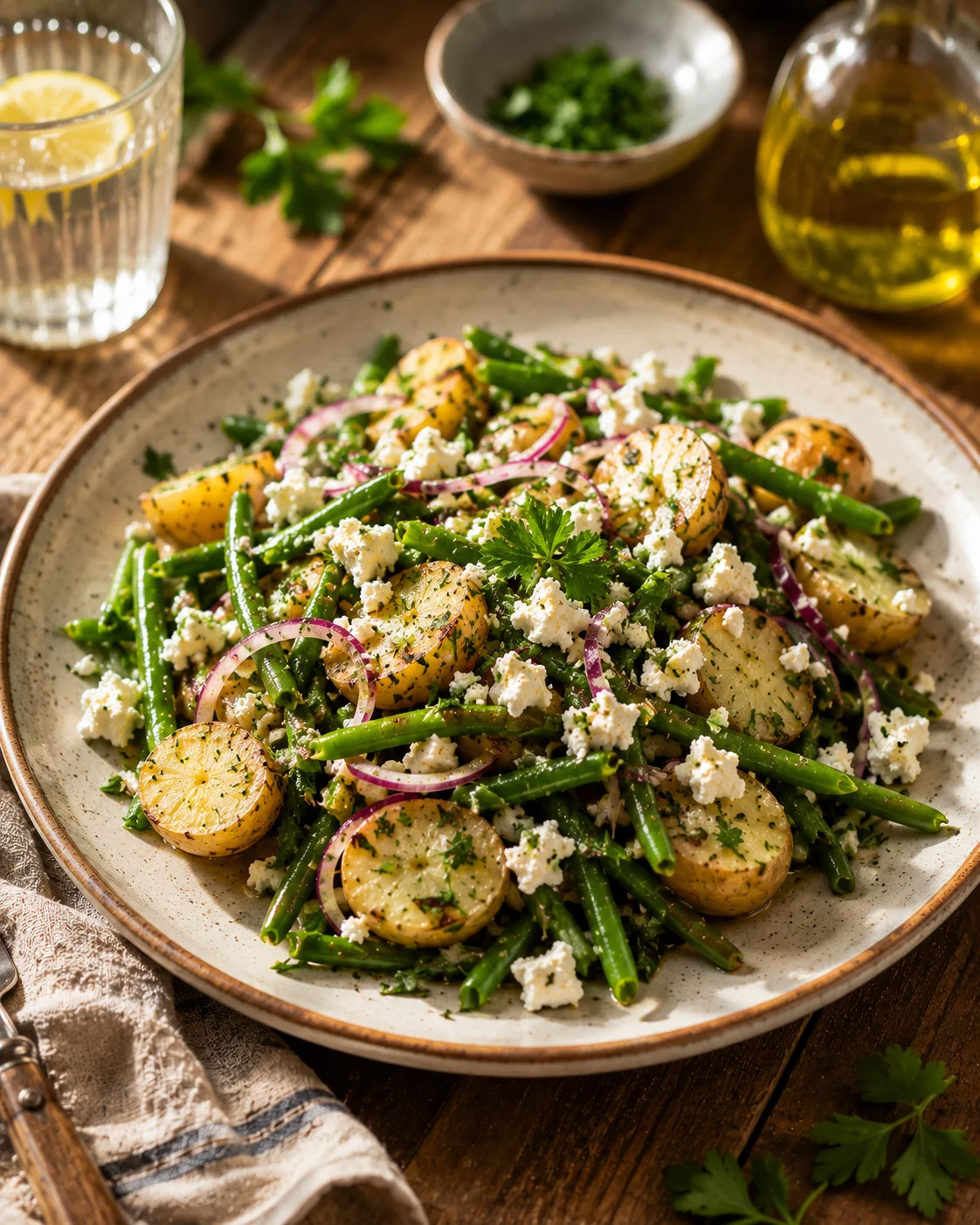 Salade Pommes de Terre Haricots Verts & Feta served