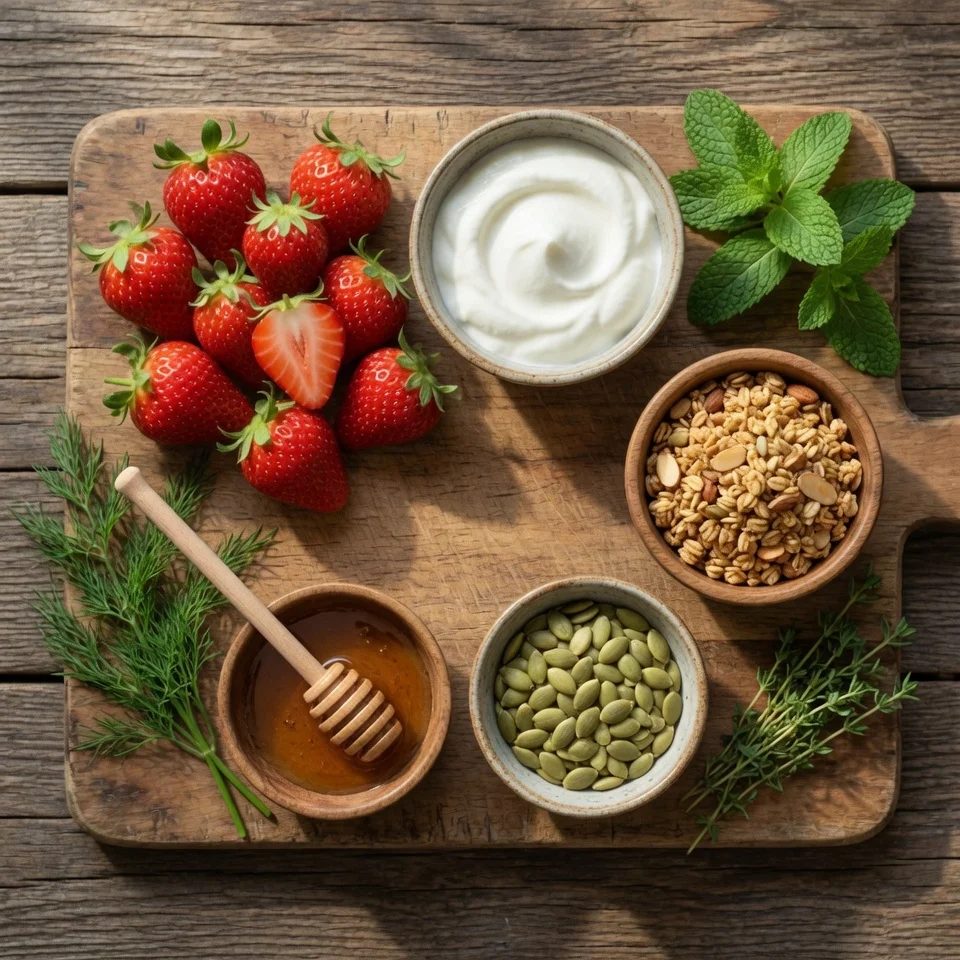 Verrines Fraises Yaourt Grec Granola ingredients laid out on a marble surface