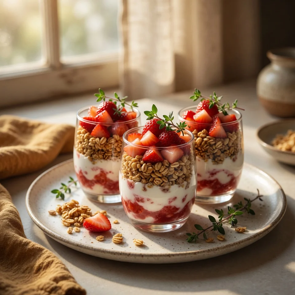 Verrines Fraises Yaourt Grec Granola served with different fruit variations