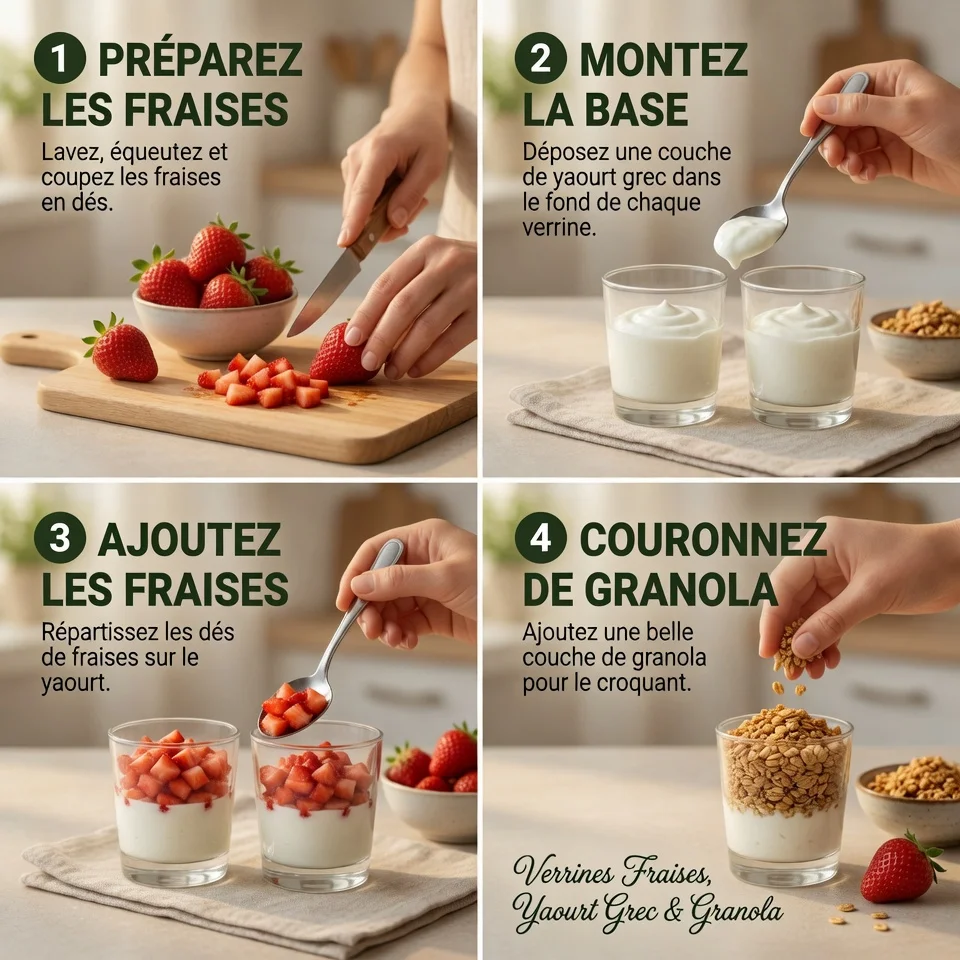 Verrines Fraises Yaourt Grec Granola step by step layering process