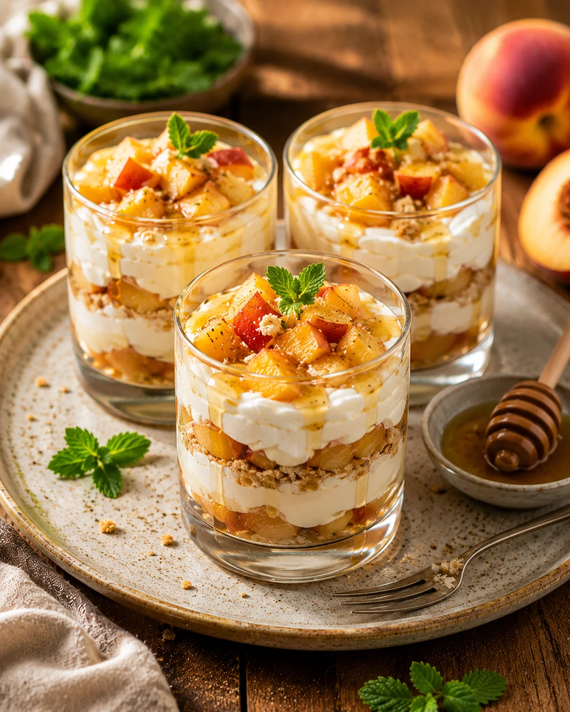 Verrines Pêche Mascarpone & Miel served