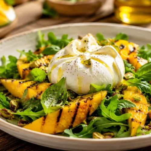 Salade Burrata Mangue Grill&eacute;e & Pistaches recipe