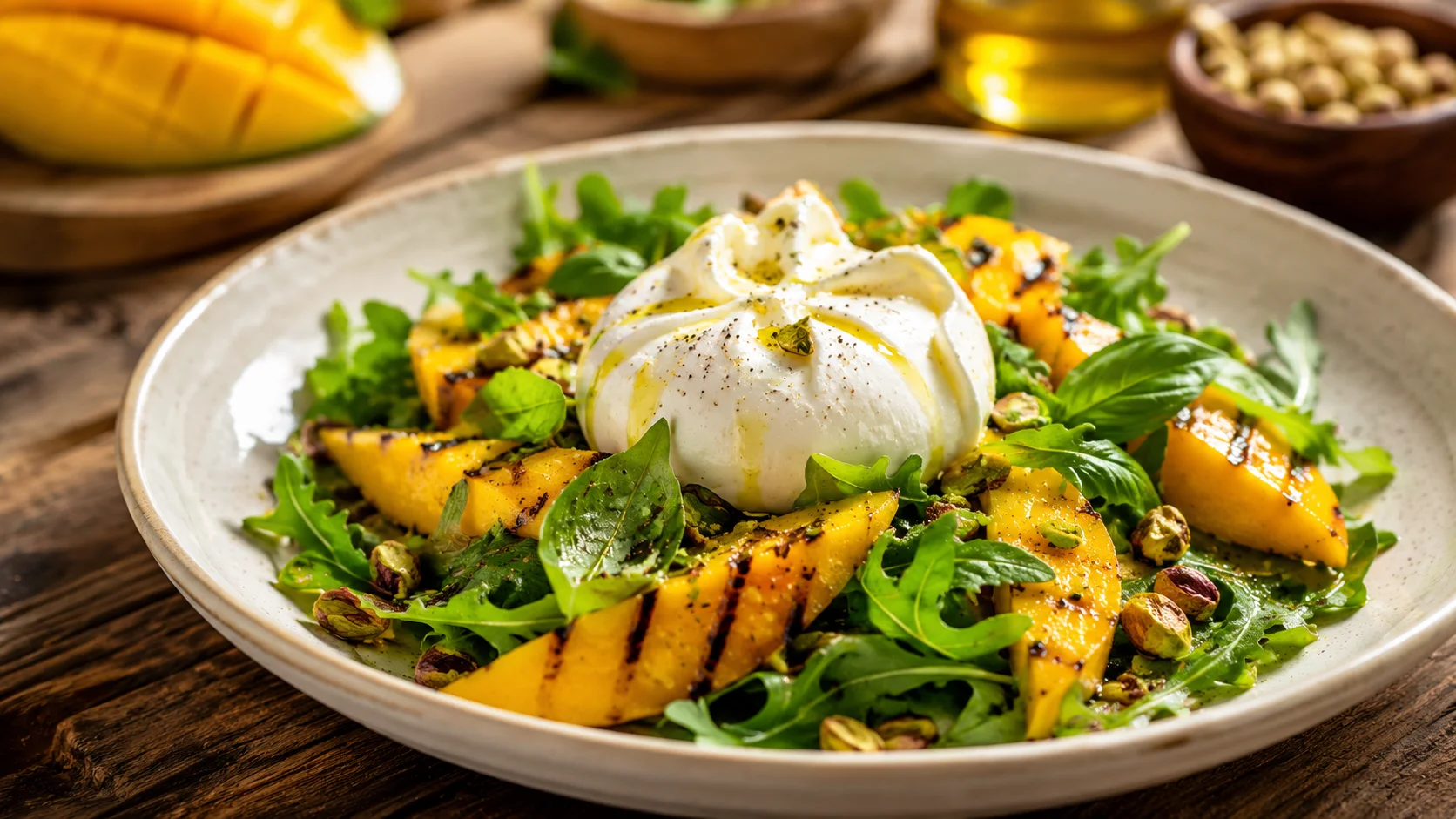 Salade Burrata Mangue Grillée & Pistaches recipe