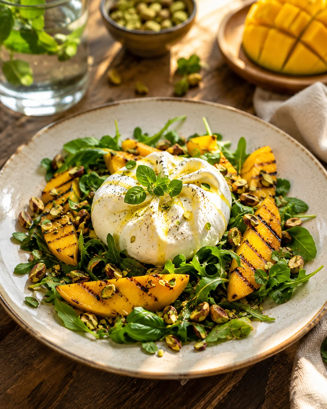 Salade Burrata Mangue Grill&eacute;e & Pistaches served