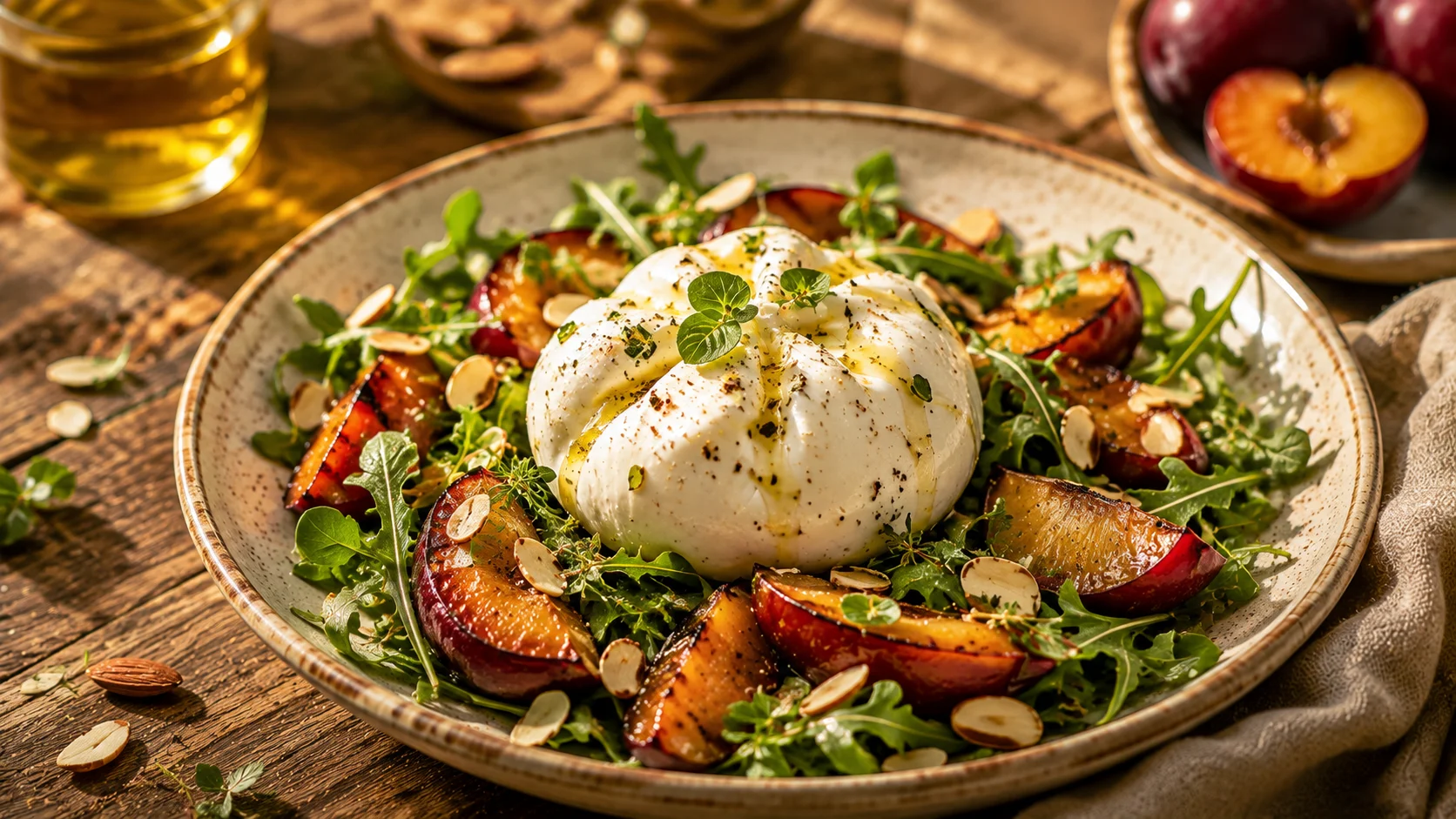 Salade Burrata Prunes Rôties & Amandes recipe