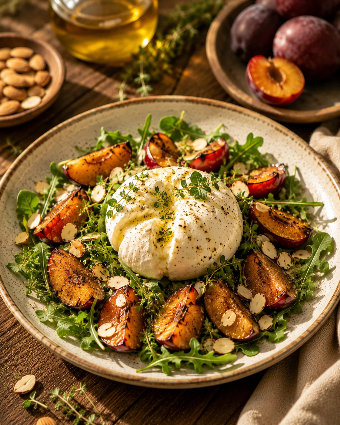 Salade Burrata Prunes Rôties & Amandes served