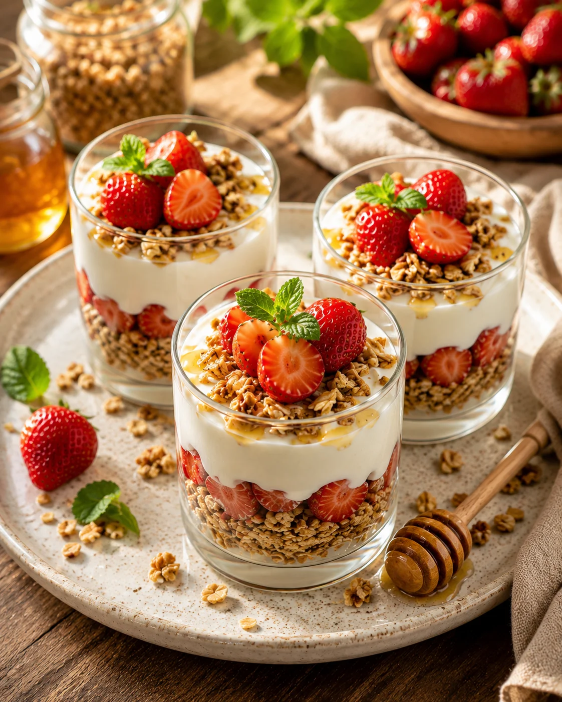 Verrines Fraises Yaourt Grec & Granola Miel served