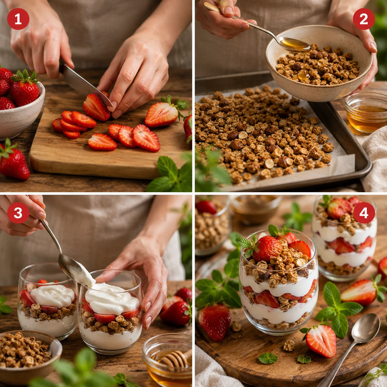 Verrines Fraises Yaourt Grec & Granola Miel step by step